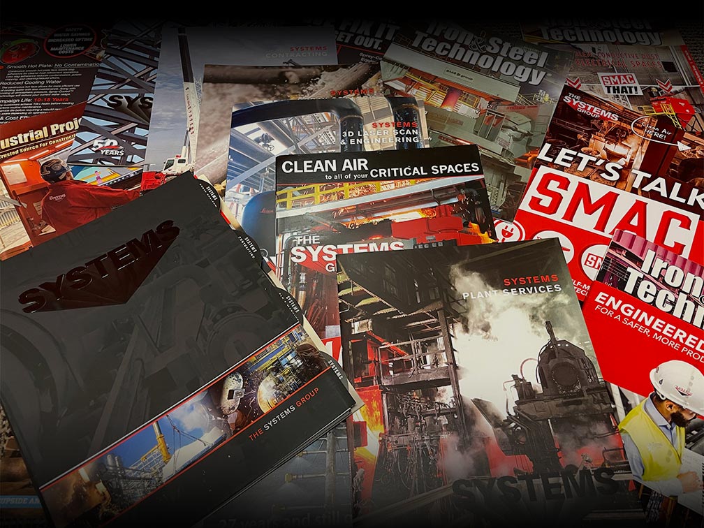 Spread of capabilities brochures depicting a wide range of Systems services and engineered solutions for the steel industry