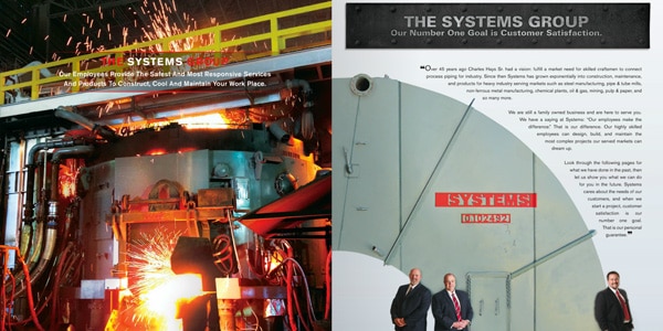 Capabilities brochures depicting a wide range of services and engineered solutions offered by The Systems Group, a certified fabricator