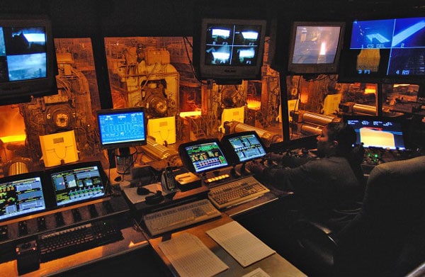 Inside view of an operator pulpit in a steel mill